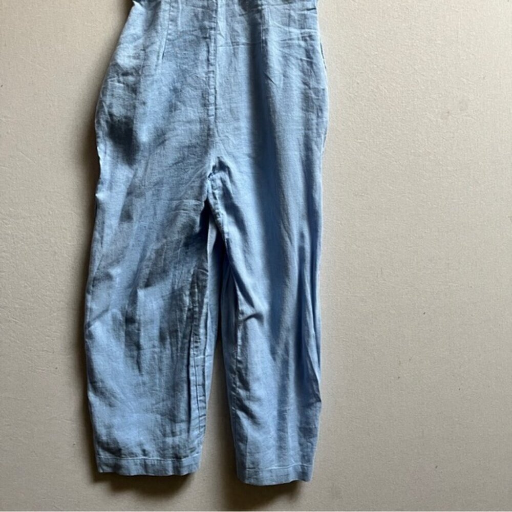Zara Linen Blend Baby Blue Tie Front Cropped Pants Jumpsuit XS - Picture 7 of 14